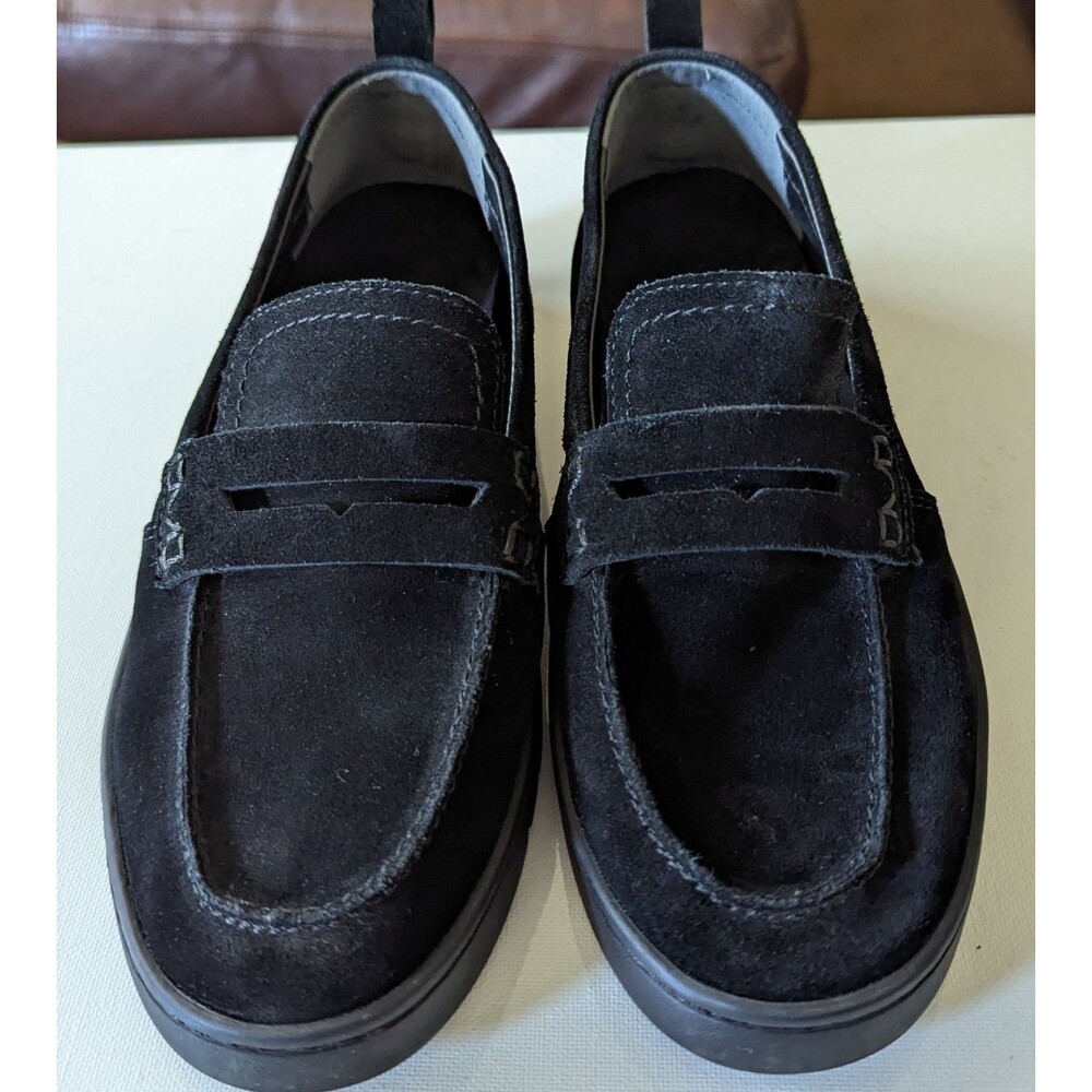Vionic Uptown Penny Loafers Black Women 7.5 Suede Orthotic Lug Sole Flats Preppy